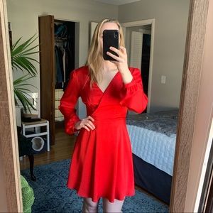 Express Red Long Sleeve Surplice Fit & Flare Dress